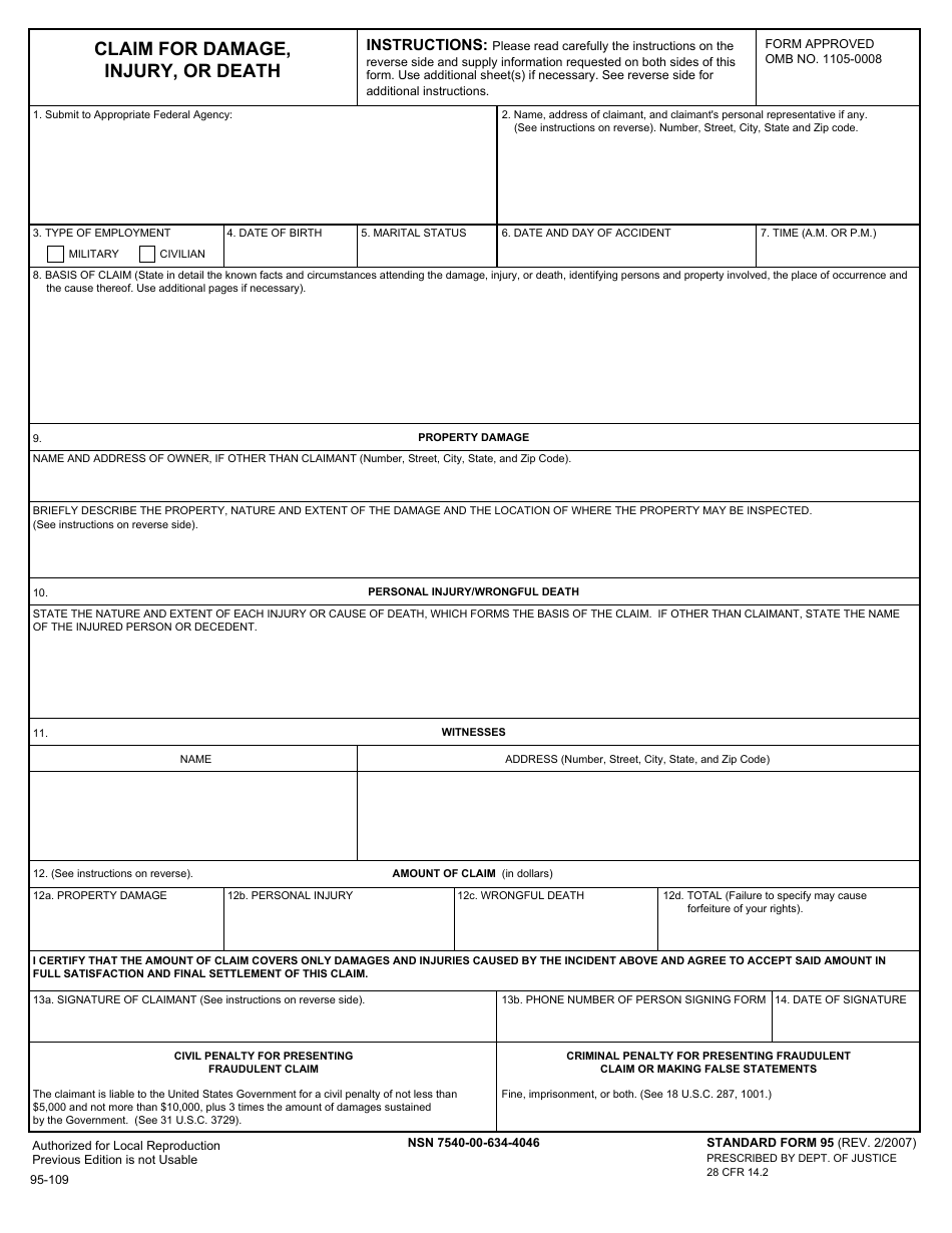 Form SF-95 Claim for Damage, Injury, or Death, Page 1
