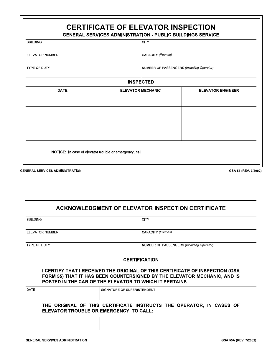GSA Form 55 Certificate of Elevator Inspection, Page 1