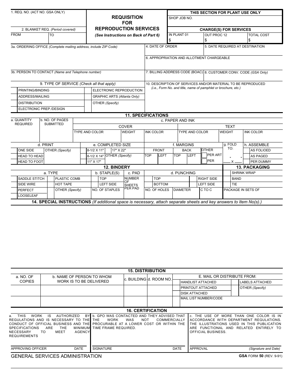 GSA Form 50 Requisition for Reproduction Services, Page 1