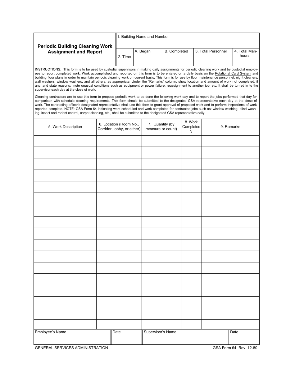 GSA Form 64 Periodic Building Cleaning Work Assignment and Report, Page 1