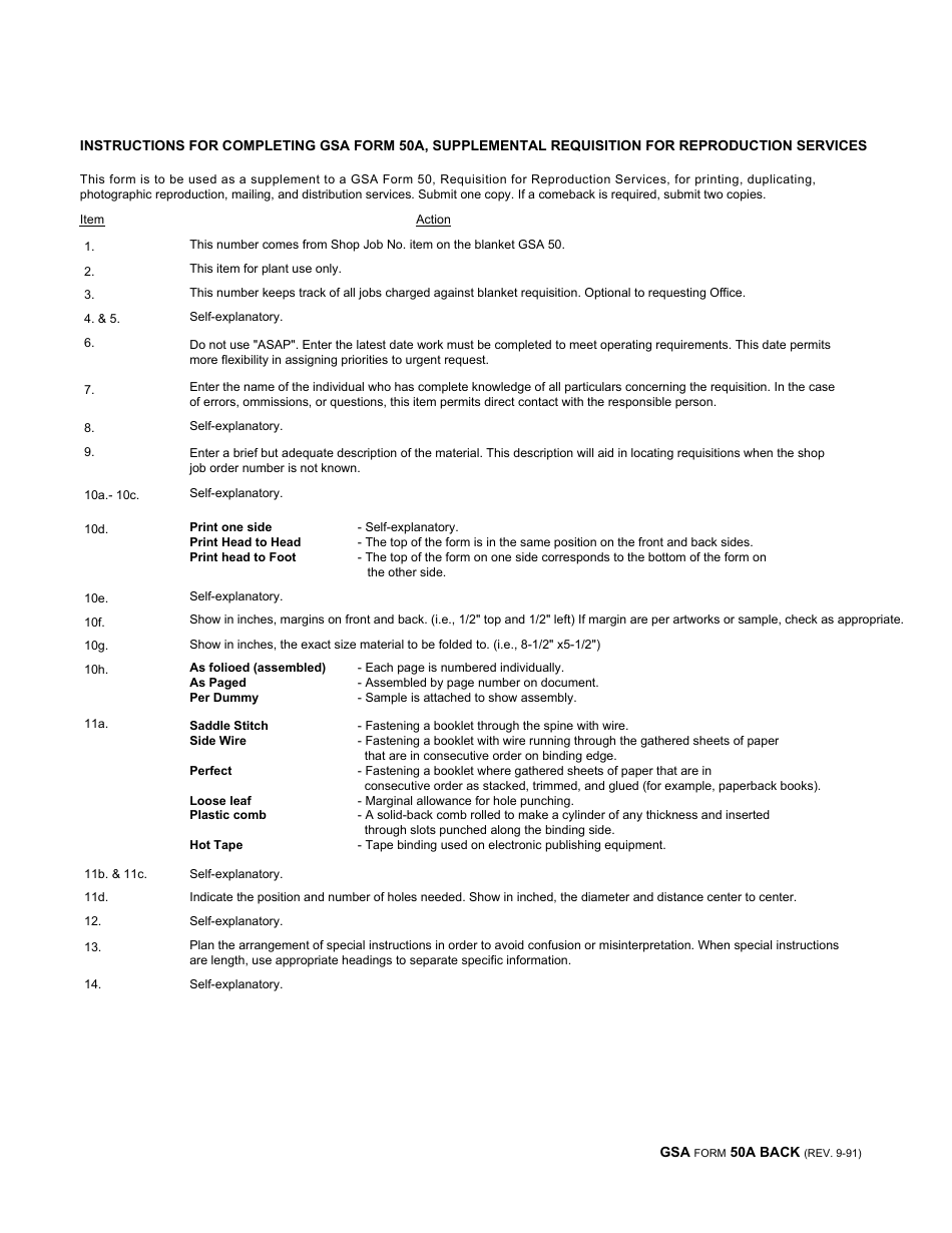 GSA Form 50A Supplemental Requisition for Reproduction Services, Page 2