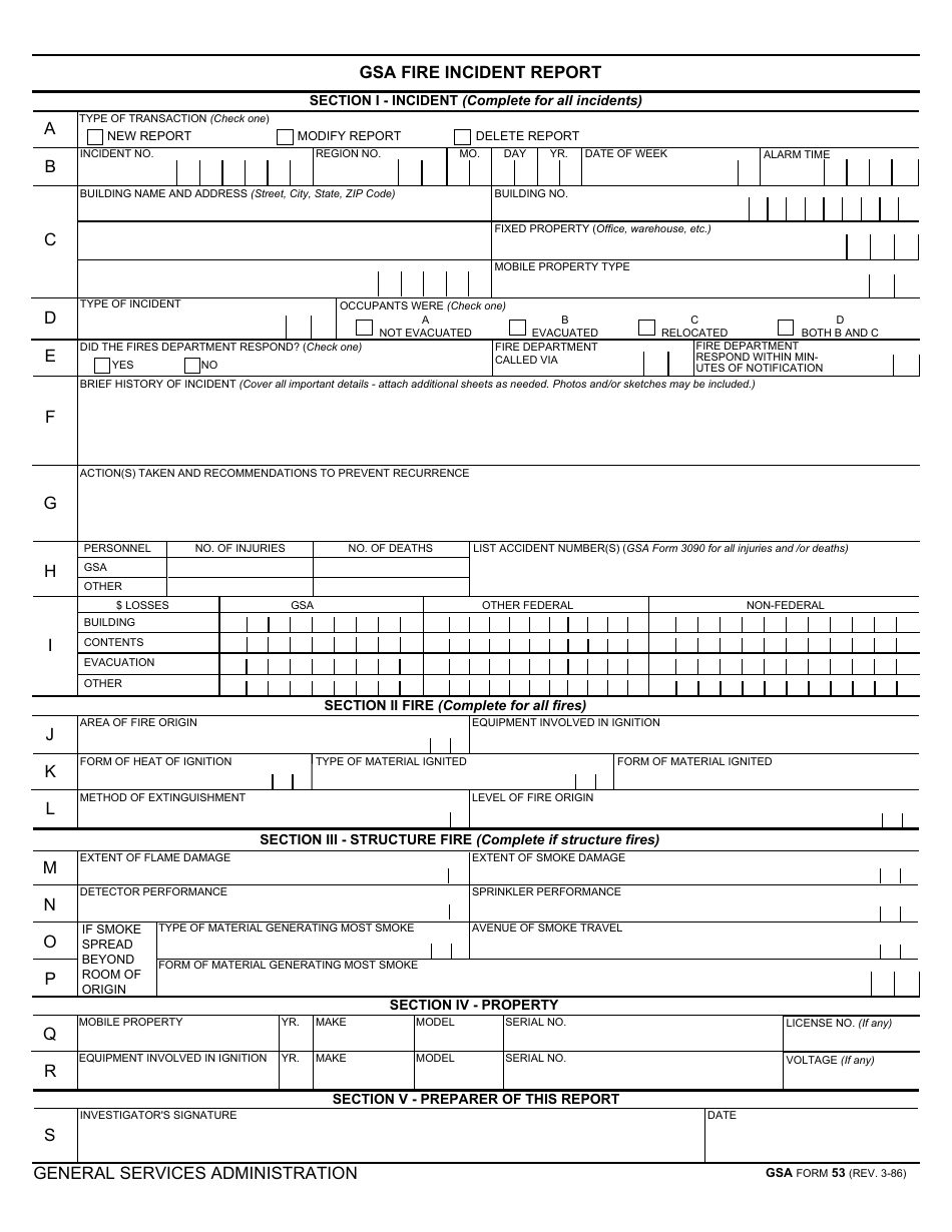 GSA Form 53 GSA Fire Incident Report, Page 1