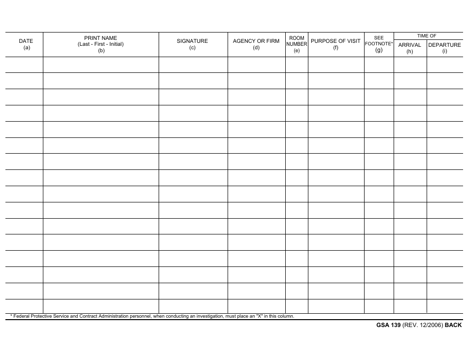 GSA Form 139 Record of Arrival and Departure From Buildings During Security Hours, Page 2