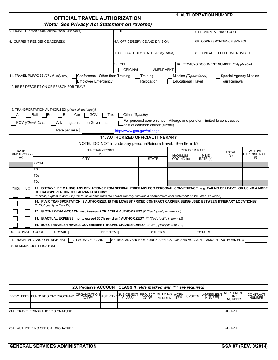 GSA Form 87 Official TDY Travel Authorization, Page 1