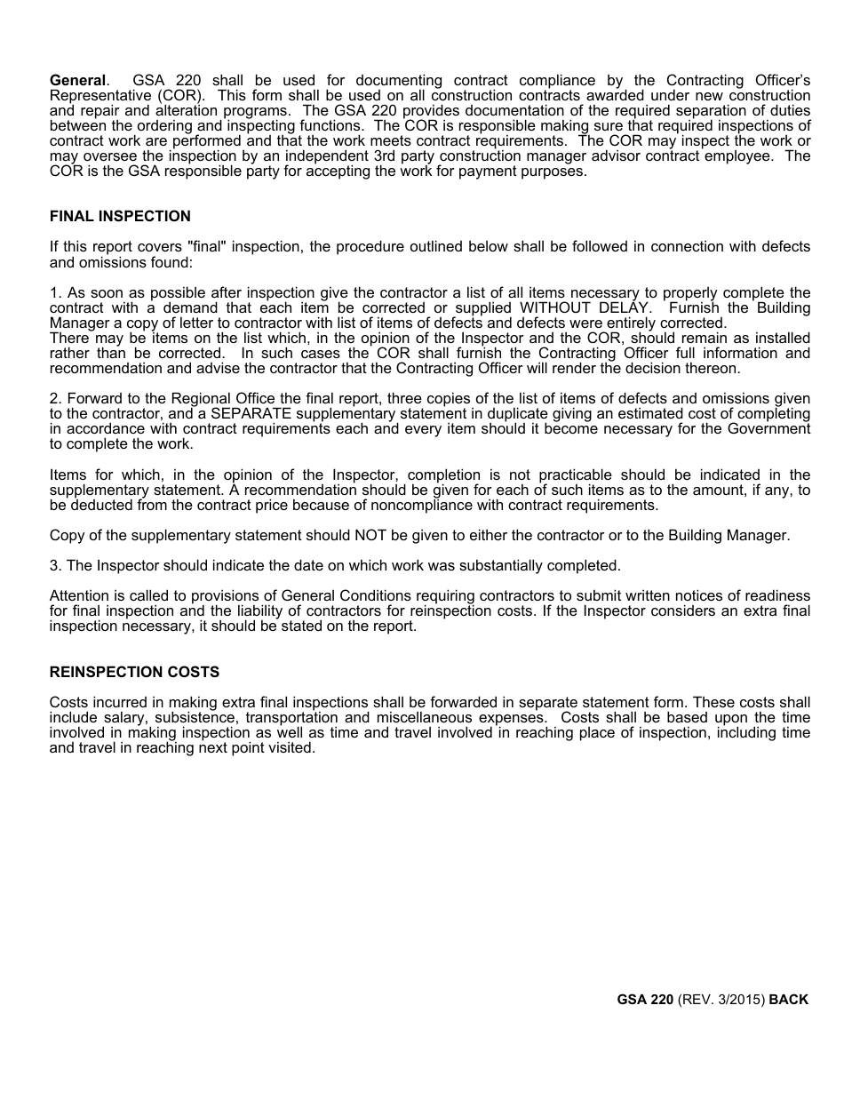 GSA Form 220 Inspection Report on Work Under Contract, Page 2