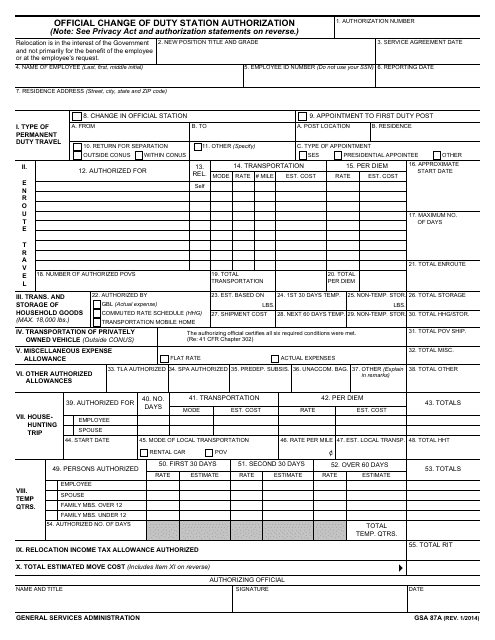 GSA Form 87A Official Change of Duty Station Authorization