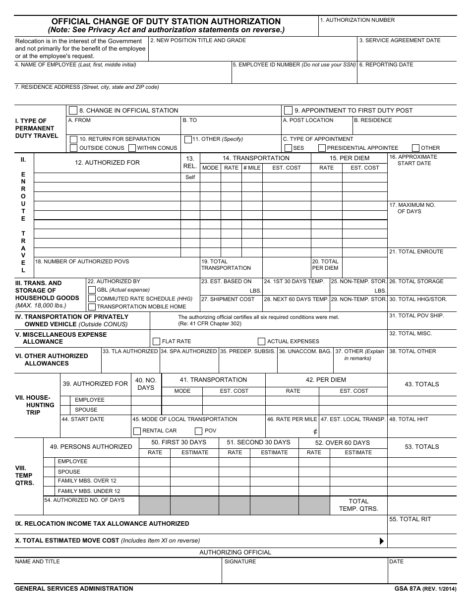 GSA Form 87A Official Change of Duty Station Authorization, Page 1