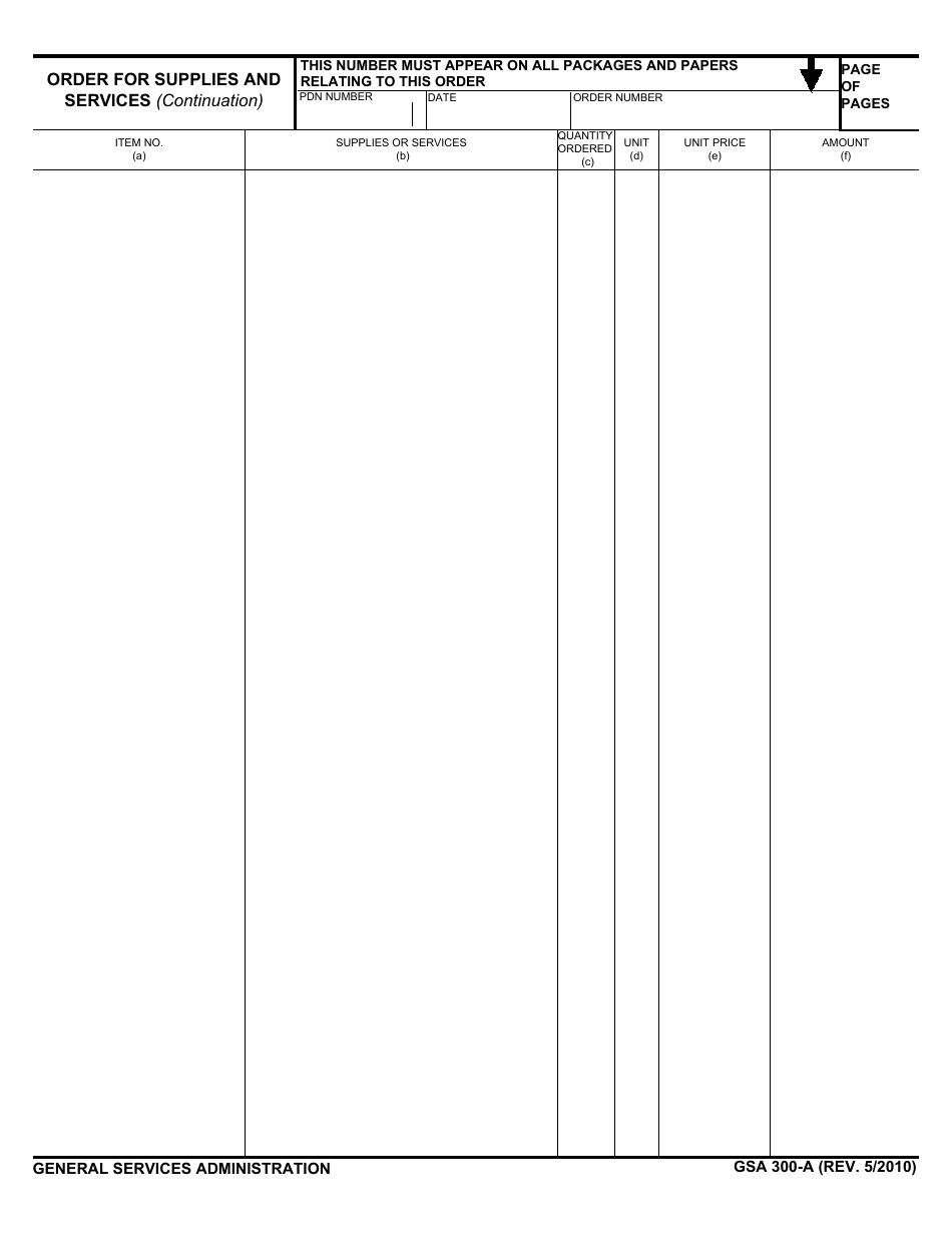 GSA Form 300-A Order for Supplies and Services Continuation Sheet, Page 1