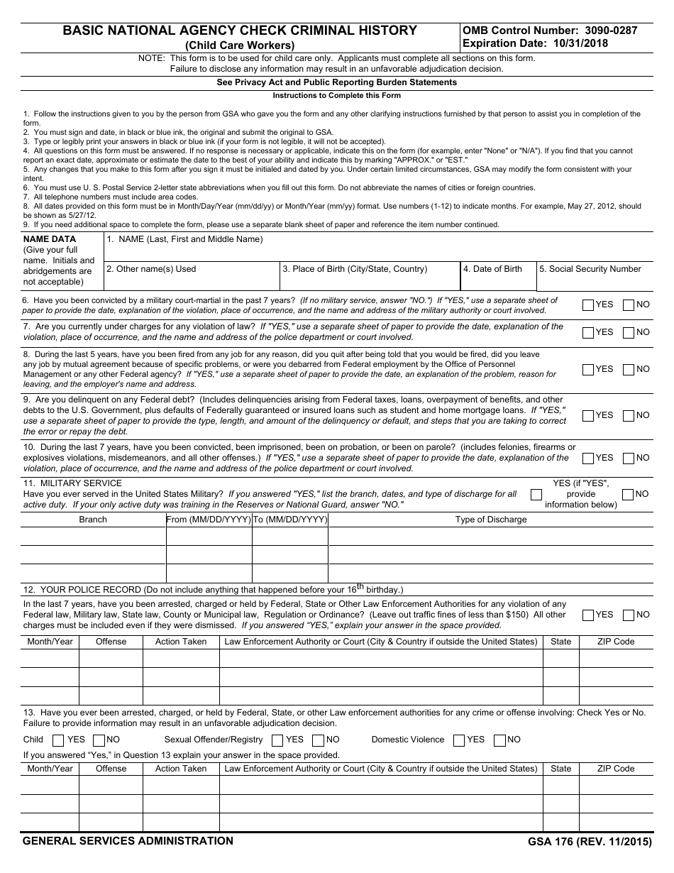 GSA Form 176 Basic National Agency Check Criminal History (Child Care Workers), Page 1