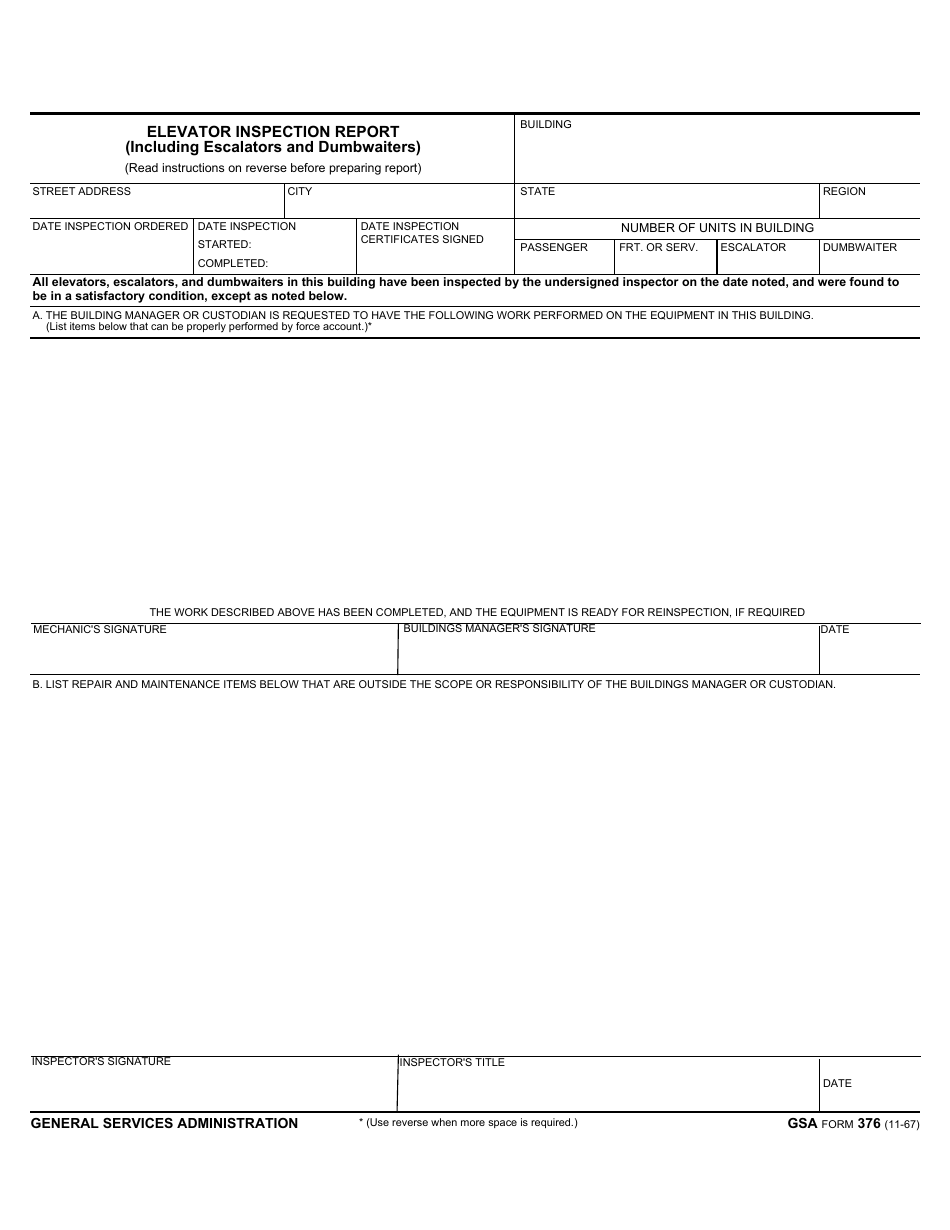 GSA Form 376 Elevator Inspection Report, Page 1