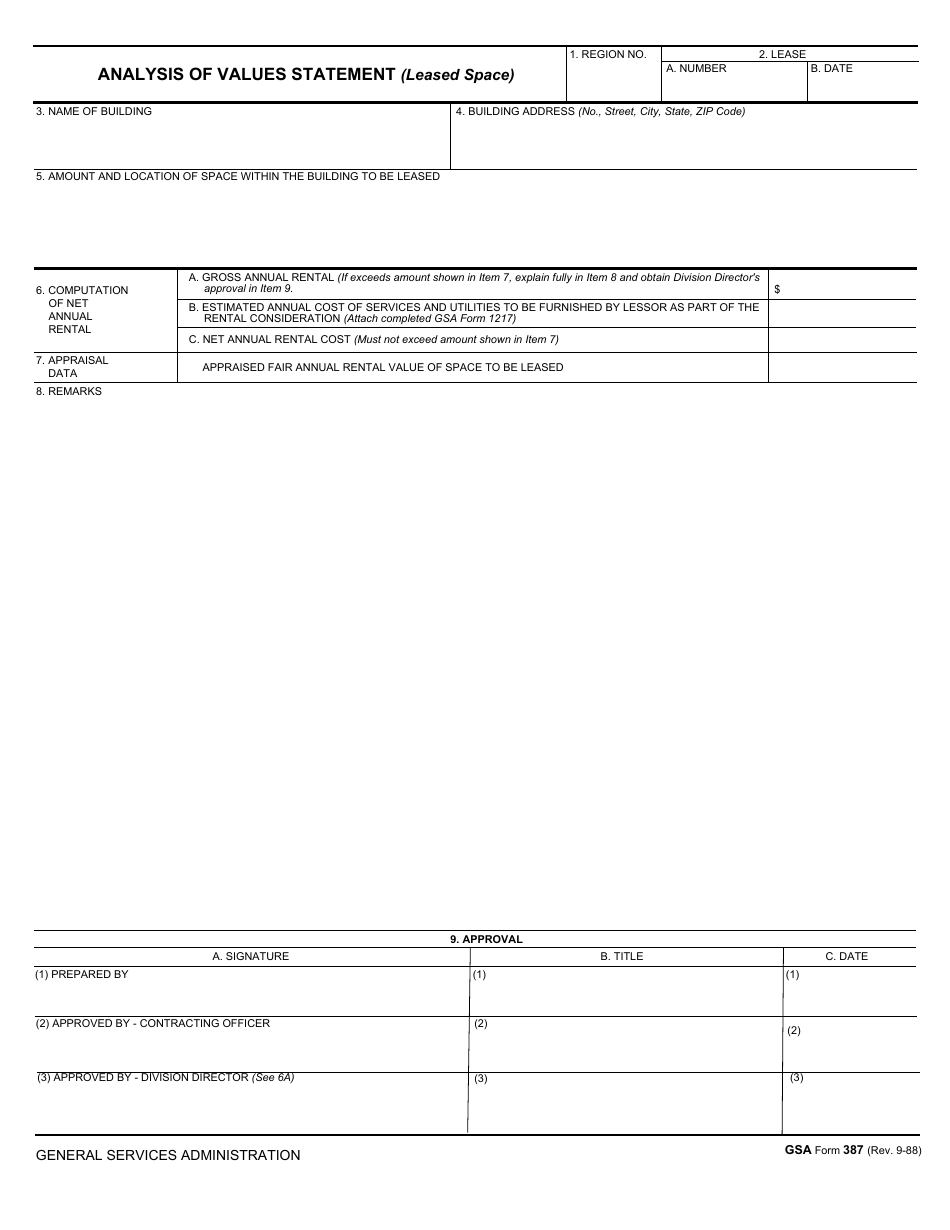 GSA Form 387 Analysis of Values Statement (Leased Space), Page 1