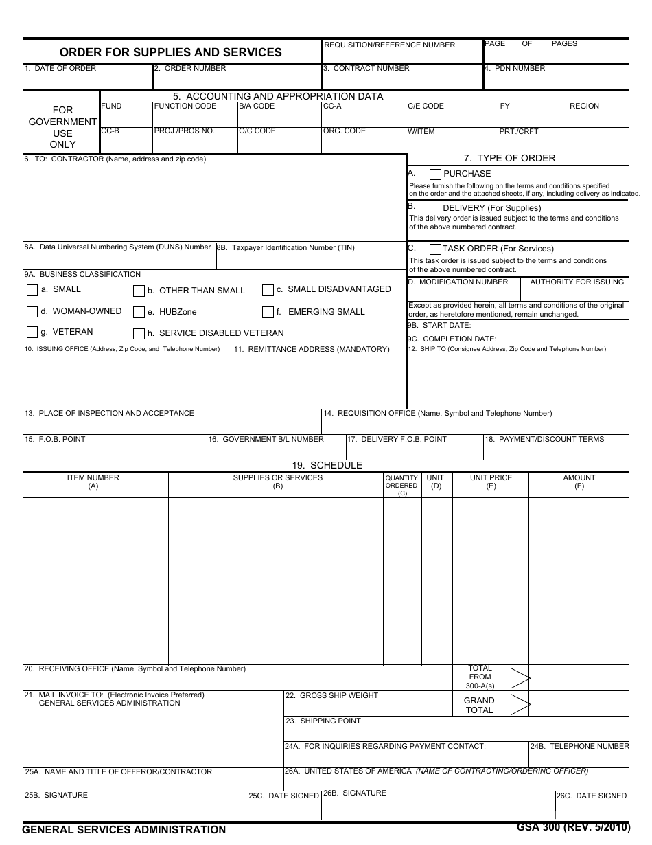 GSA Form 300 Order for Supplies and Services, Page 1