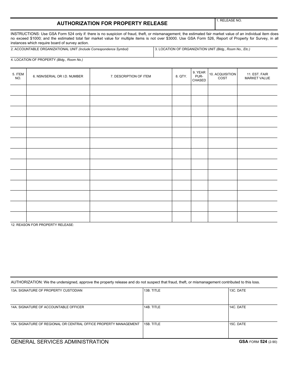 GSA Form 524 Authorization for Property Release, Page 1