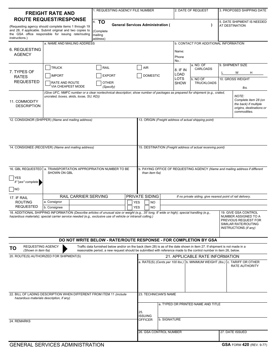 GSA Form 420 Freight Rate and Route Request / Response, Page 1