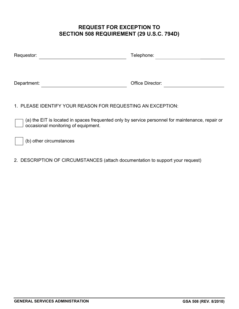 GSA Form 508 Request for Exception to Section 508 Requirement (29 U.s.c. 794d), Page 1