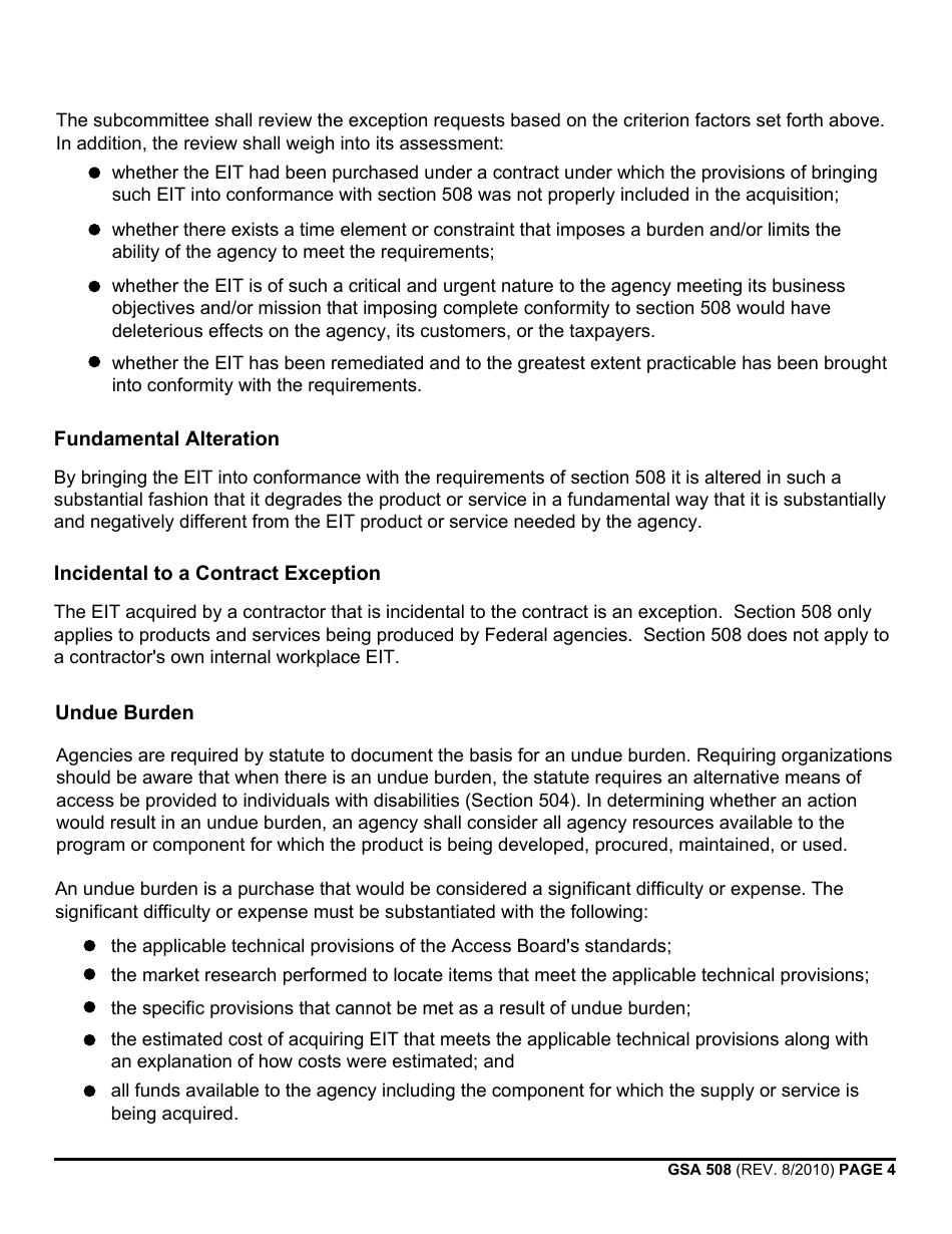 GSA Form 508 Request for Exception to Section 508 Requirement (29 U.s.c. 794d), Page 4
