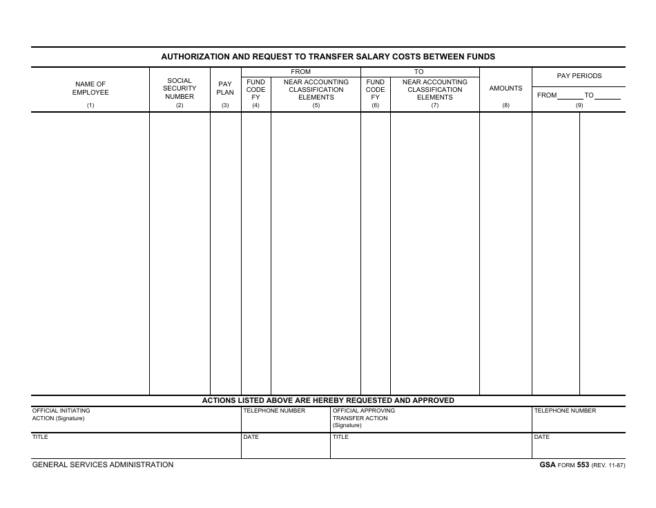 GSA Form 553 Authorization and Request to Transfer Salary Costs Between Funds, Page 1