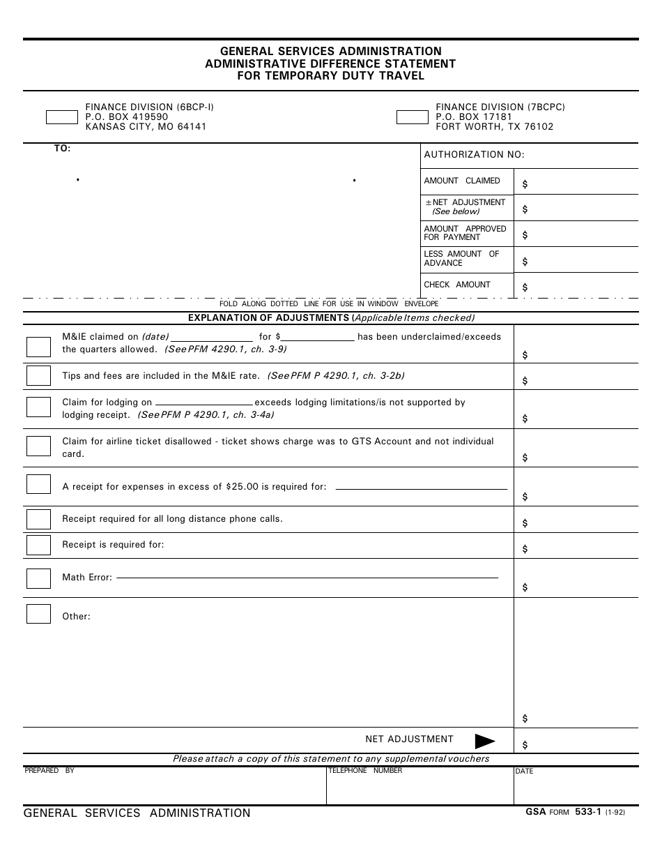 GSA Form 533-1 Administrative Difference Statement for Temporary Duty Travel, Page 1