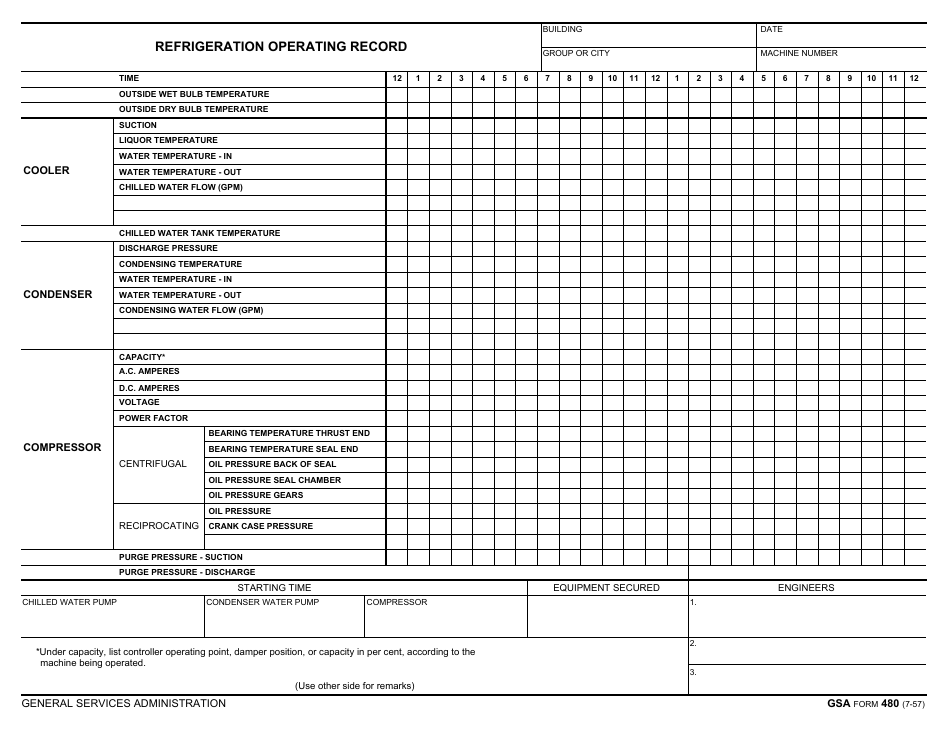 GSA Form 480 Refrigeration Operating Record, Page 1