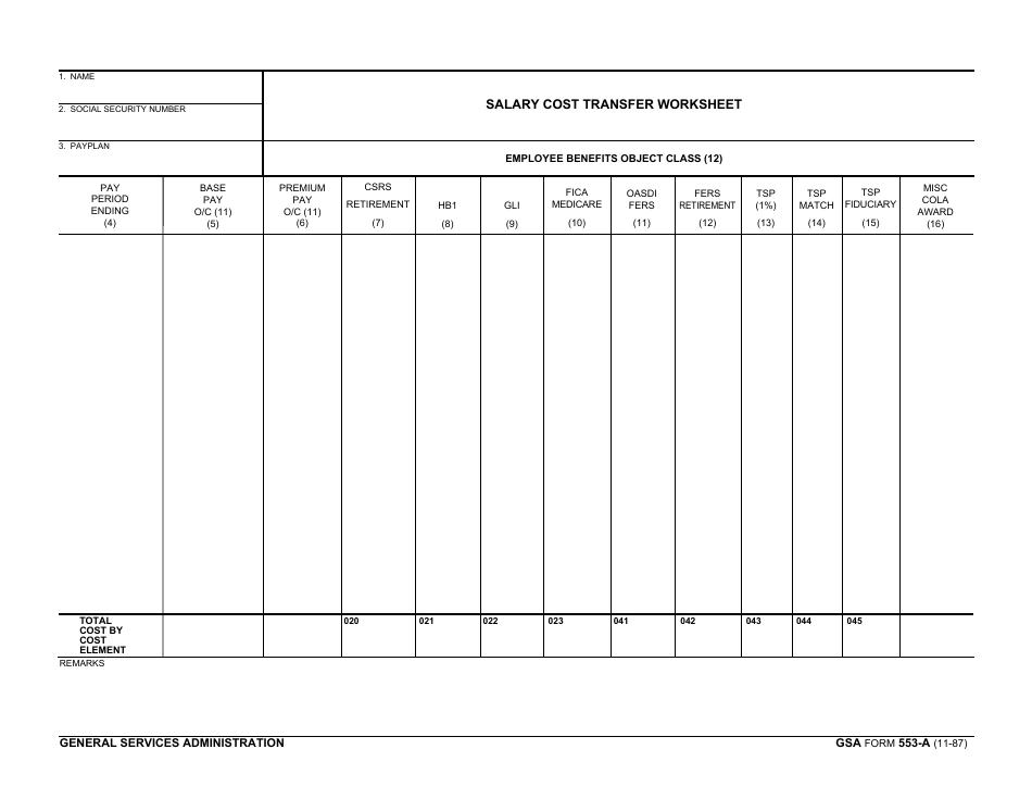 GSA Form 553-A Salary Cost Transfer Worksheet, Page 1