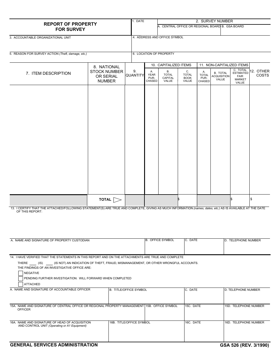 GSA Form 526 Report of Property for Survey, Page 1