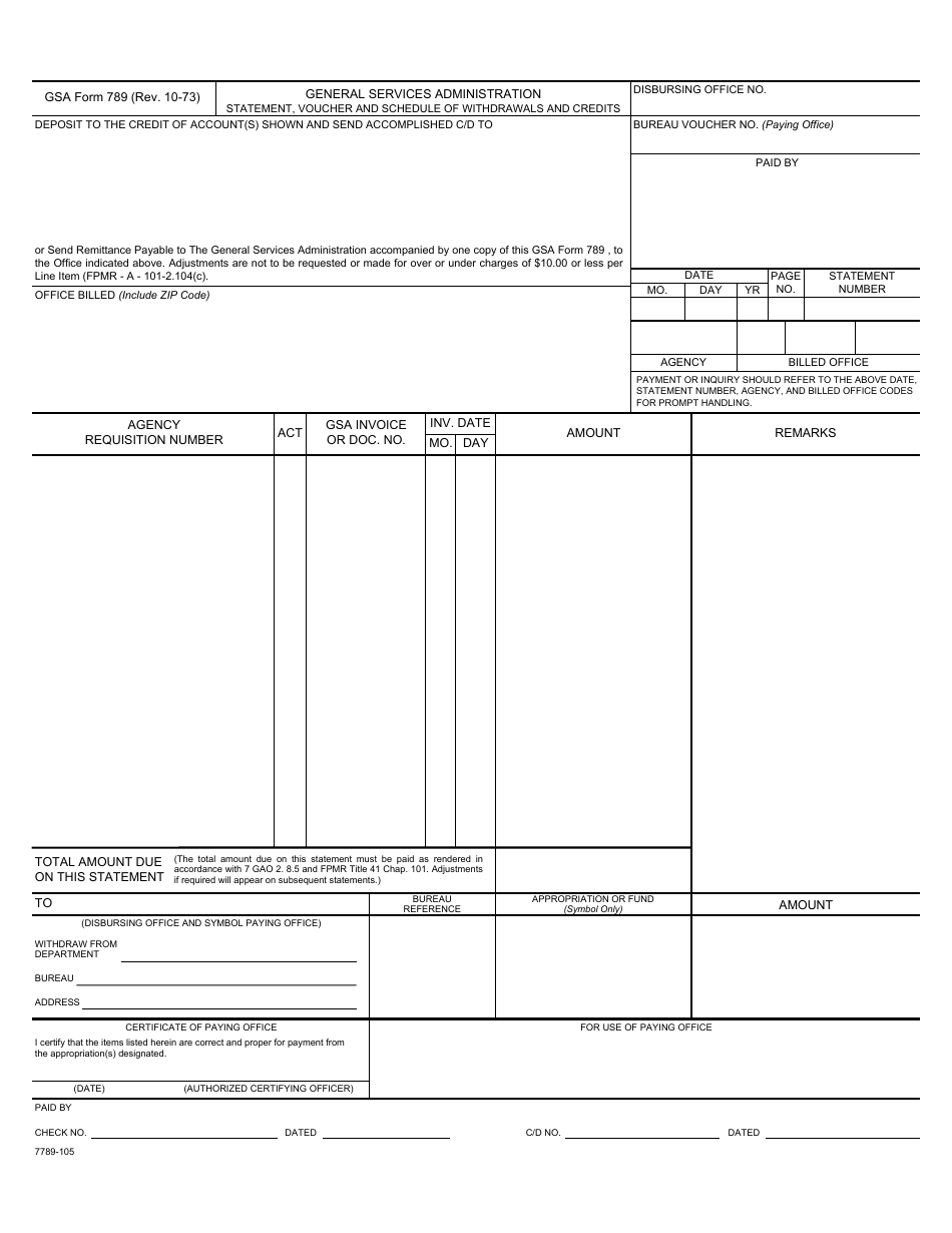 GSA Form 789 Statement, Voucher and Schedule of Withdrawals and Credits, Page 1