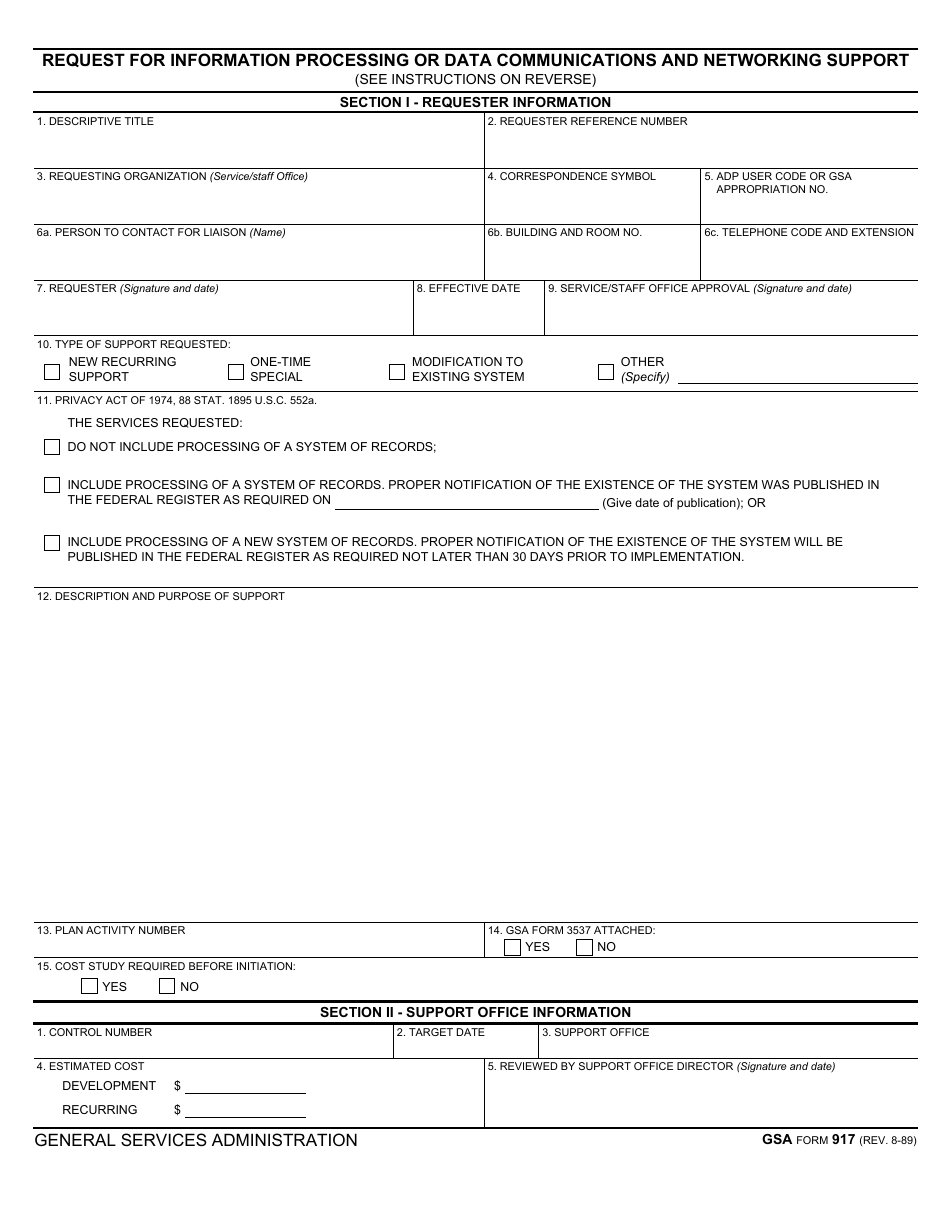 GSA Form 917 Request for Information Processing or Data Communications and Networking Support, Page 1