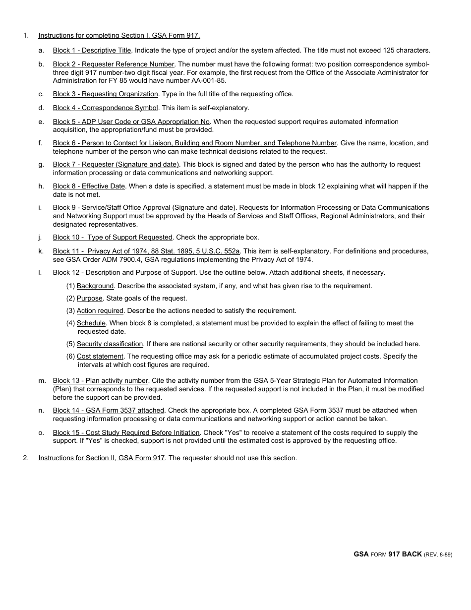 GSA Form 917 Request for Information Processing or Data Communications and Networking Support, Page 2