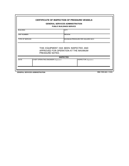 GSA Form 1034 Certificate of Inspection of Pressure Vessels