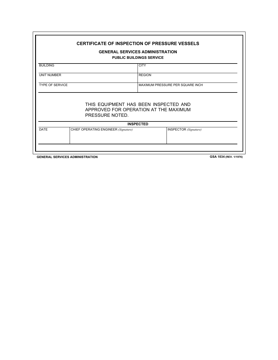 GSA Form 1034 Certificate of Inspection of Pressure Vessels, Page 1