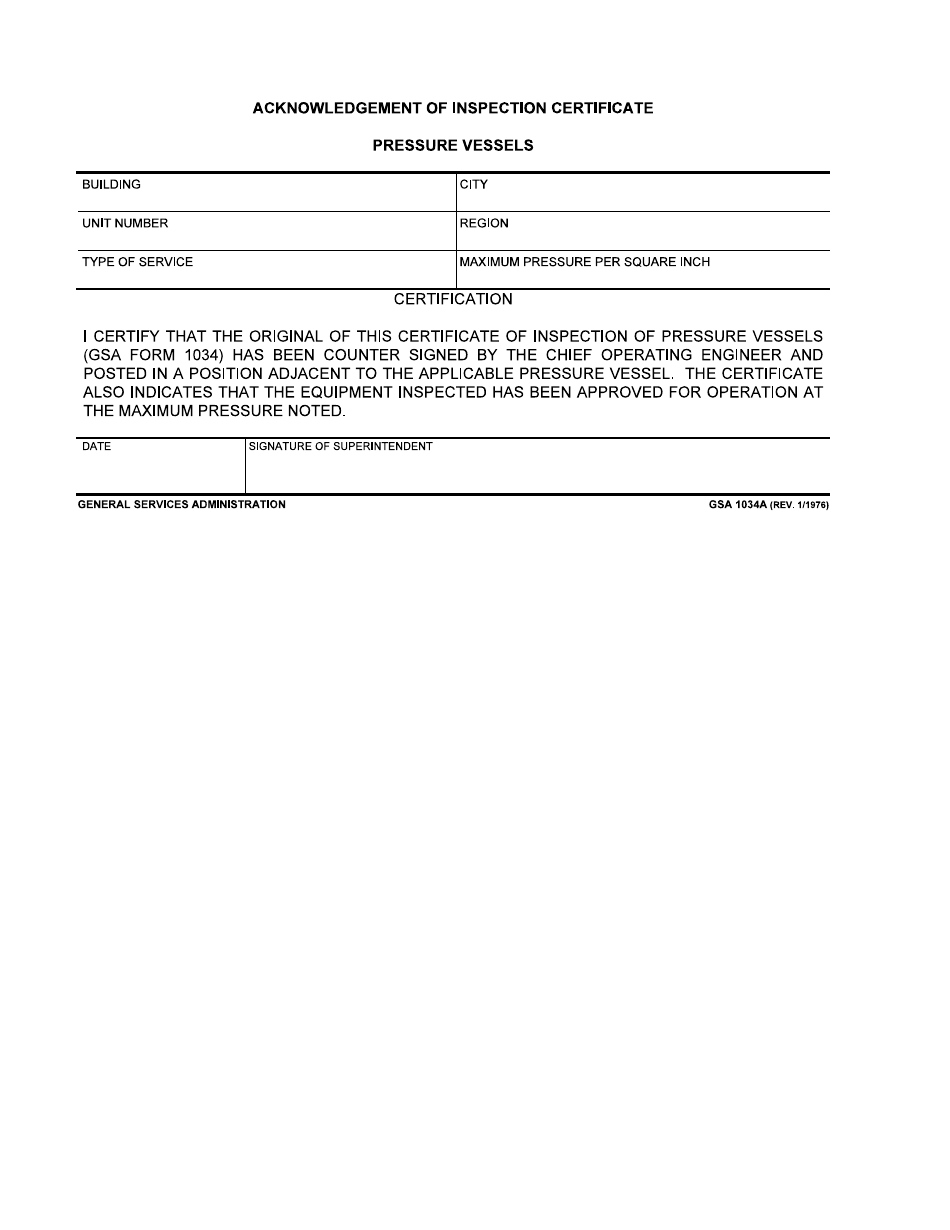 GSA Form 1034A Acknowledgment of Certificate of Inspection Pressure Vessels, Page 1