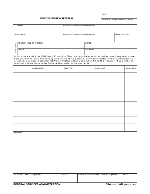 GSA Form 1029  Printable Pdf