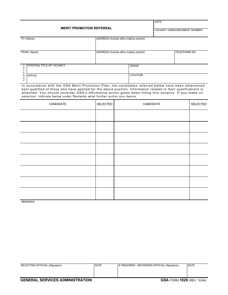 GSA Form 1029 Merit Promotion Referral, Page 1