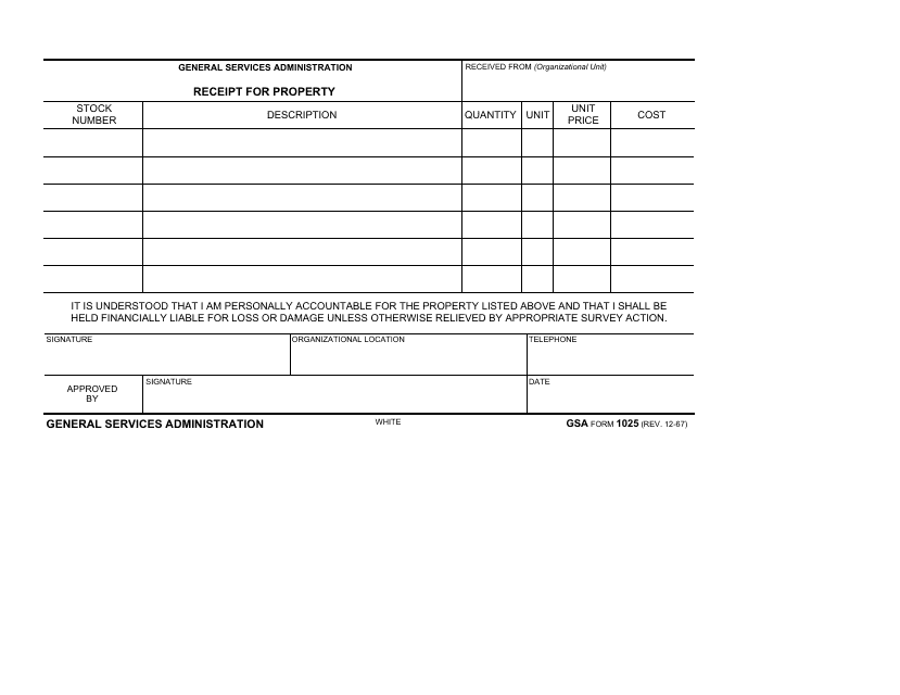 GSA Form 1025 Download Fillable PDF Or Fill Online Receipt For Property 