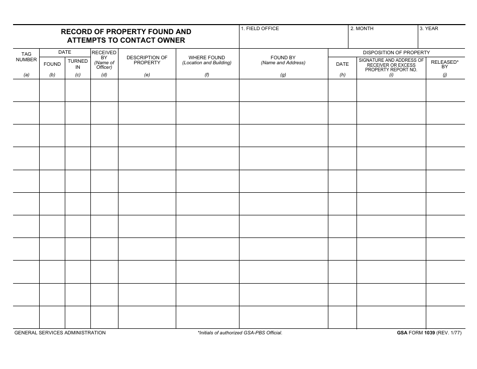 GSA Form 1039 Record of Property Found and Attempts to Contact Owner, Page 1