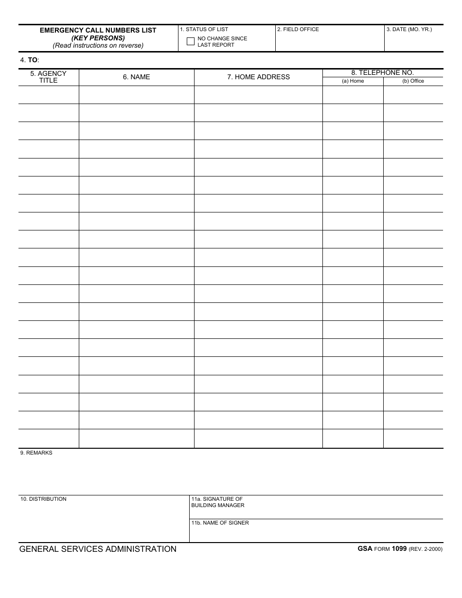GSA Form 1099 Emergency Call Numbers List (Key Persons), Page 1