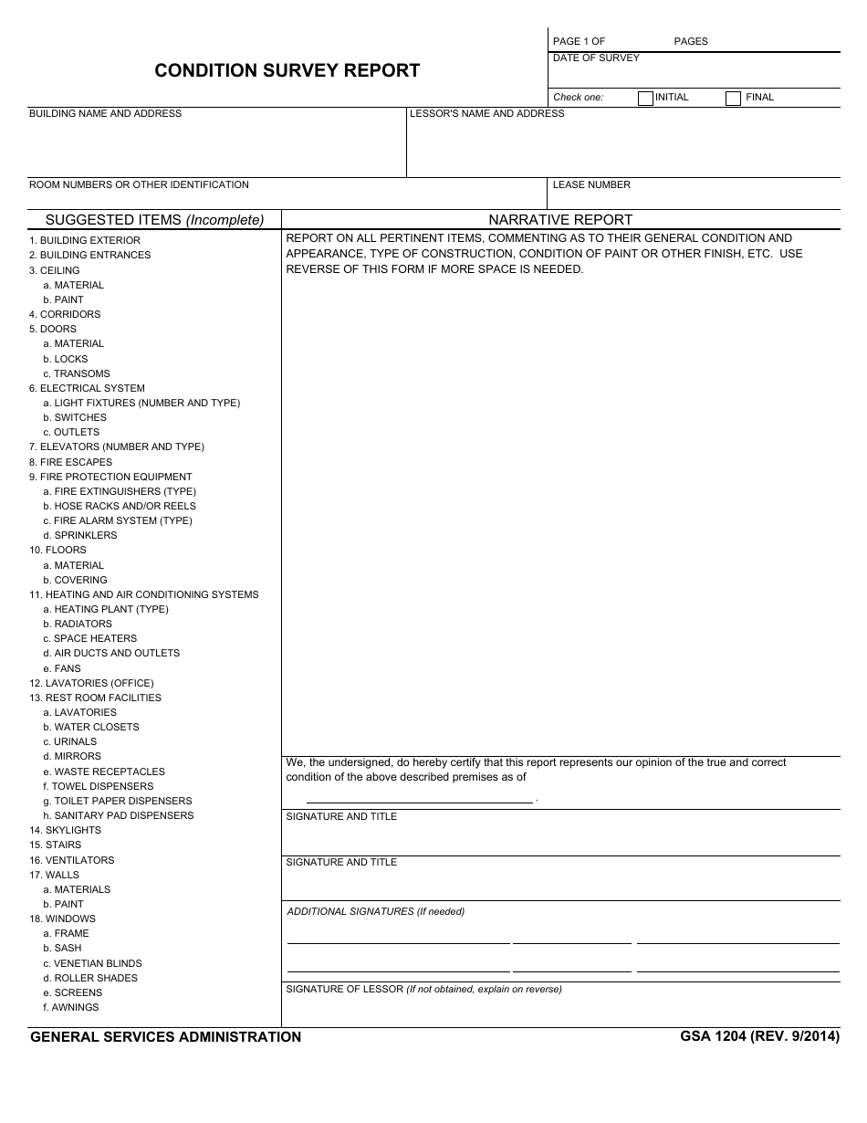 GSA Form 1204 Condition Survey Report, Page 1