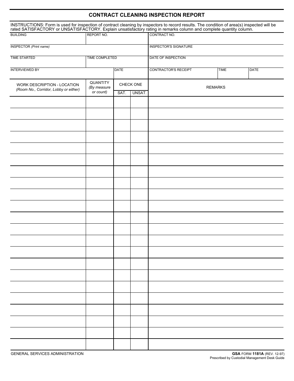 GSA Form 1181A Contract Cleaning Inspection Report, Page 1