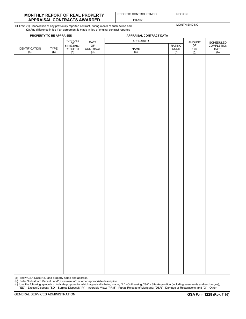 GSA Form 1228 Monthly Report of Real Property Appraisal Contracts Awarded, Page 1