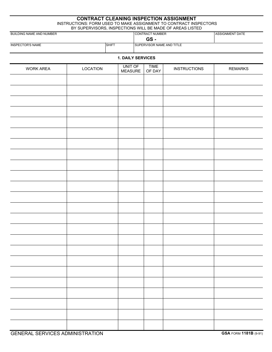 GSA Form 1181B Contract Cleaning Inspection Assignment, Page 1