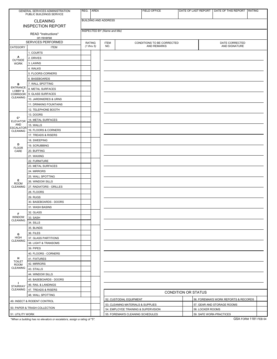 GSA Form 1181 Cleaning Inspection Report, Page 1