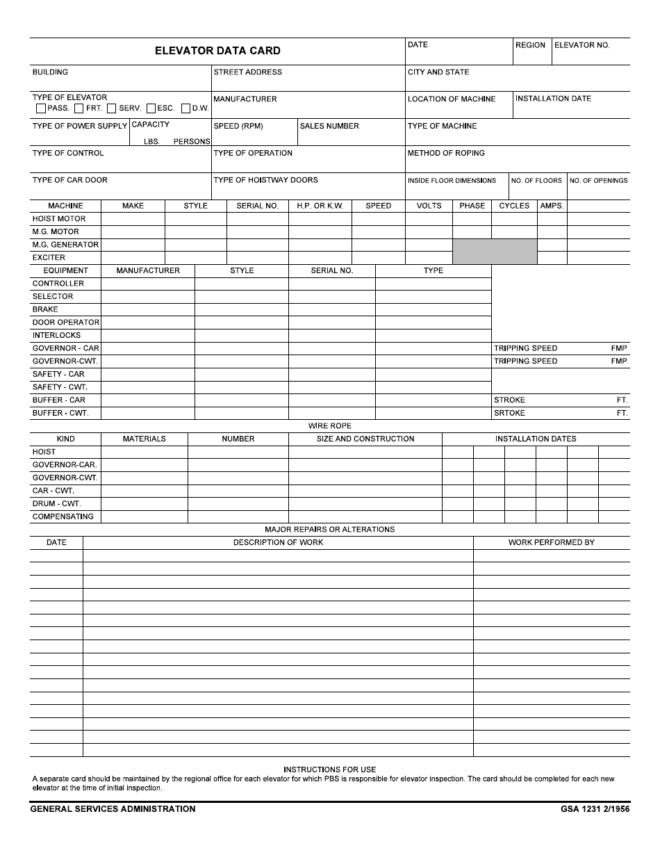 GSA Form 1231 Elevator Data Card, Page 1