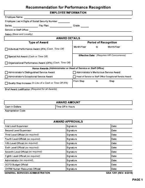 GSA Form 1291  Printable Pdf