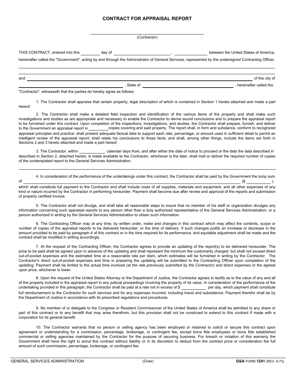 GSA Form 1241 Contract for Appraisal Report, Page 1