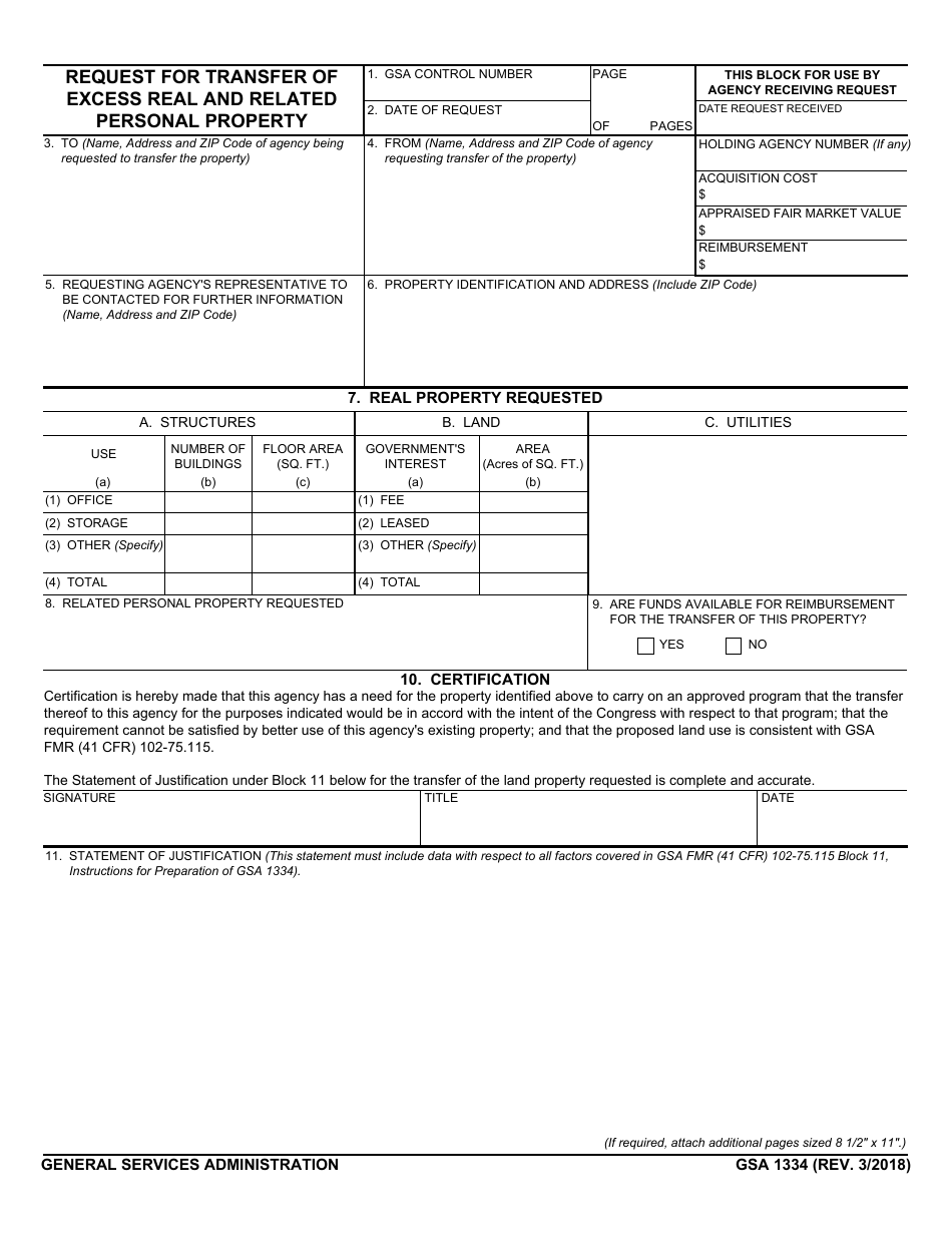 GSA Form 1334 Request for Transfer of Excess Real and Related Personal Property, Page 1