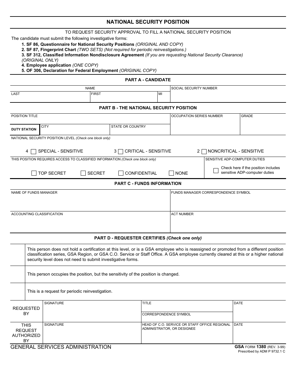 GSA Form 1380 National Security Position, Page 1