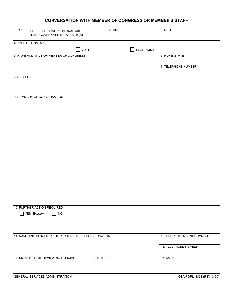 GSA Form 1321 Conversation With Member of Congress or Members Staff, Page 1