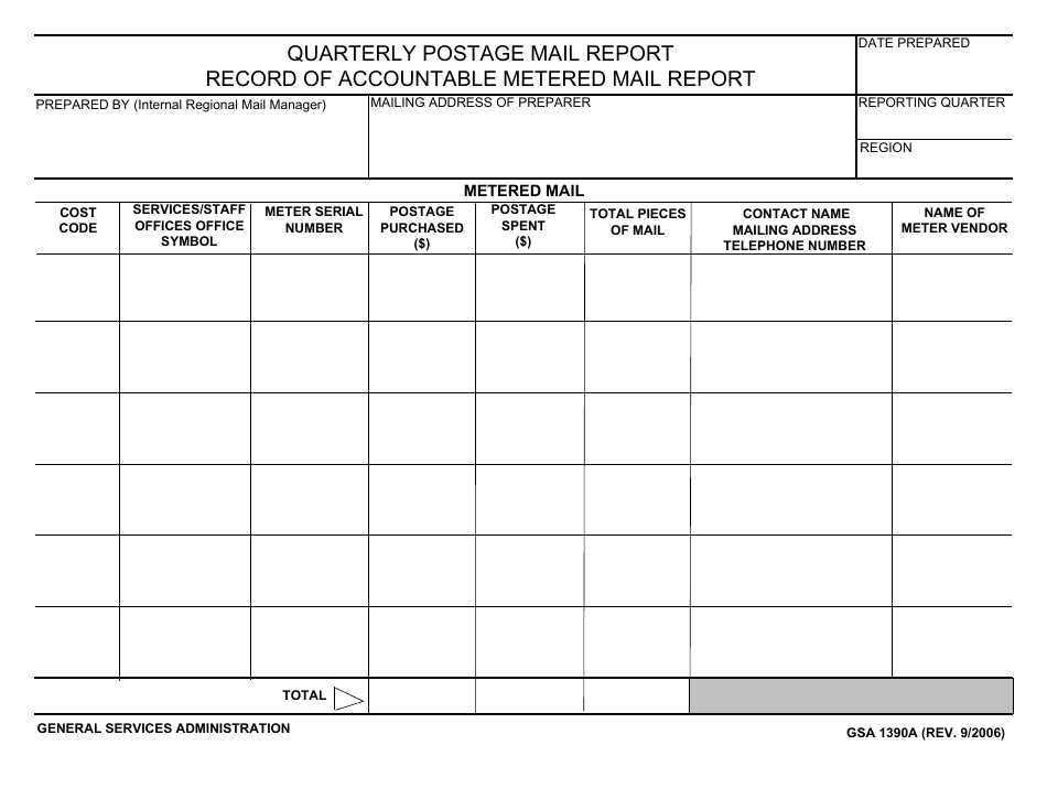 GSA Form 1390A Quarterly Postage Mail Report, Record of Accountable Metered Mail Report, Page 1
