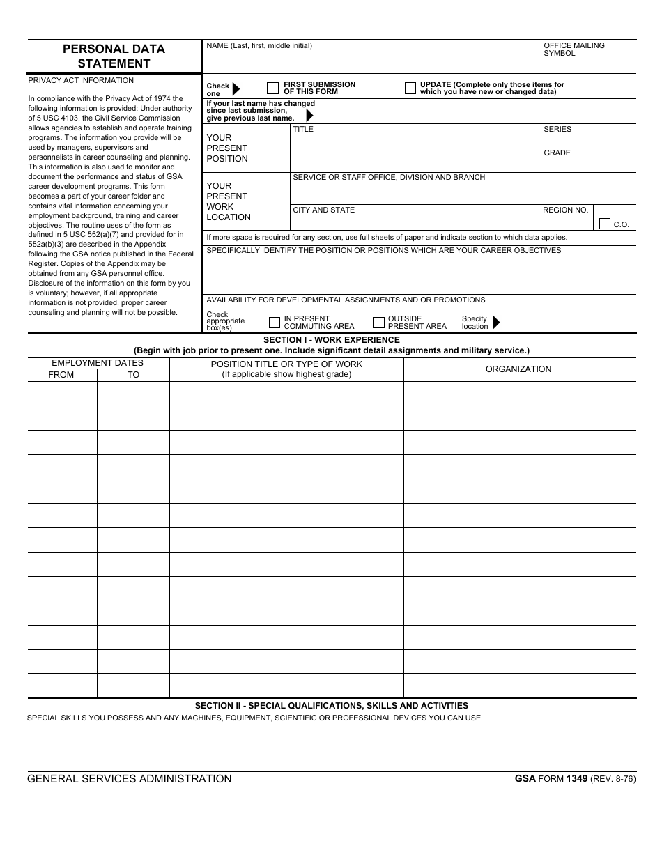 GSA Form 1349 Personal Data Statement, Page 1