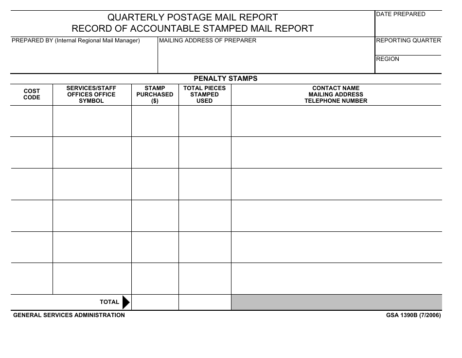 GSA Form 1390B Quarterly Postage Mail Report, Record of Accountable Stamped Mail Report, Page 1